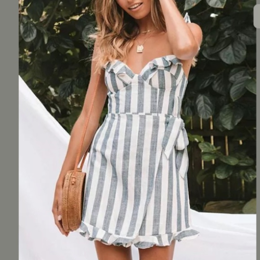 Msquared Gray Stripe Side-Tie Ruffle-Trim